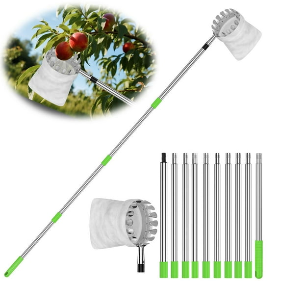 Flngr Fruit Picker Pole with Basket Telescoping,13 FT Adjustable Fruits Picker Tool with Lightweight Stainless Steel Pole and Big Non Woven Basket Fruits Catcher Tree Picker for Apples Mango Lemon