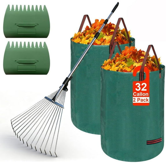 Flngr Garden Leaf Rake Set, 68 Inch Rake for Leaves with 2 pack 32 Gallon Leaf Bags Scoops Dustpan-Type Leaf Bags, Wide Heavy Duty Metal 15 Tines Rakes for Gardening Lawns Yard Outdoor Camping
