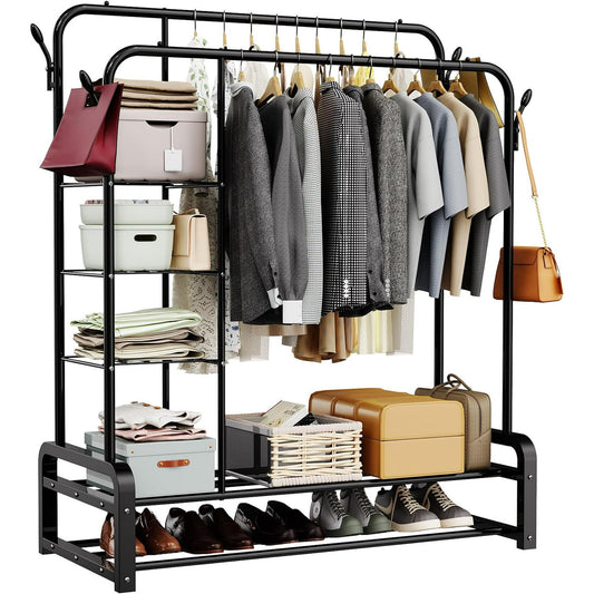 Clothes Rack,Clothing Racks with 4 Hooks and Storage Shelves,Double Garment Rack for Clothes, Coats, Bags, Shoes, Boots