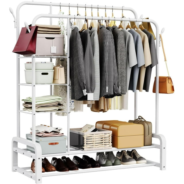 Clothes Rack,Clothing Racks with 4 Hooks and Storage Shelves,Double Garment Rack for Clothes, Coats, Bags, Shoes, Boots