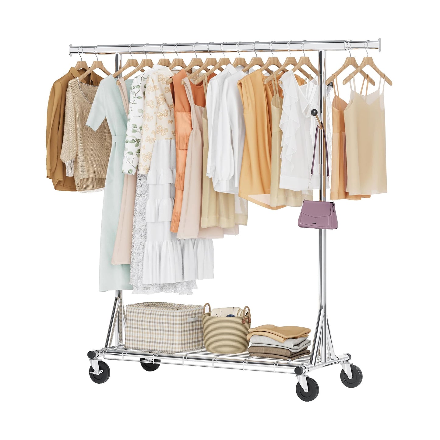 Flngr Clothes Rack Heavy Duty Clothing Rack 600LBS Rolling Clothes Racks for Hanging Clothes, Commercial Garment Rack Heavy Duty Clothes Rack Collapsible, Portable Clothing Rack with Wheels