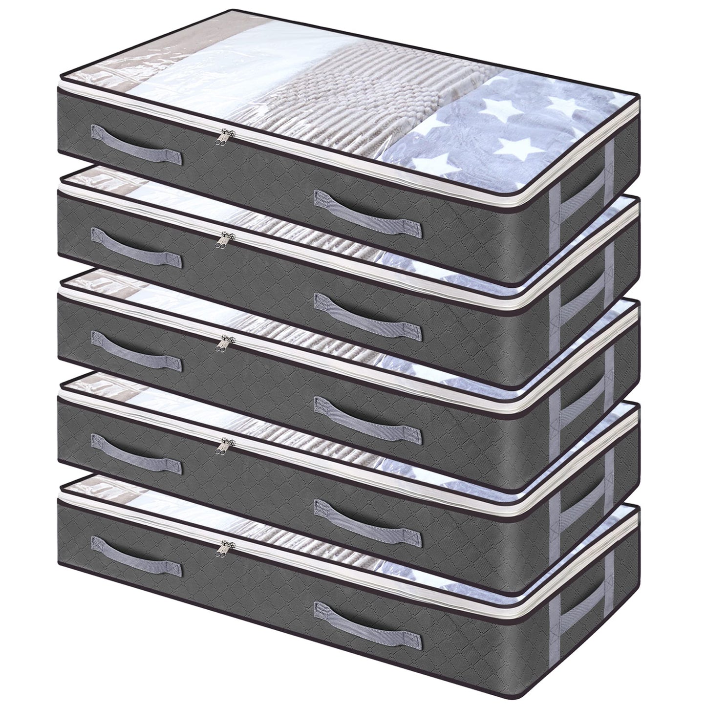 5 Pack Under bed Storage Bag with H Reinforced Handles,75L Visible Underbed Storage,Breathable Non-woven Closet Storage for Blanket,Pillows and Quilts