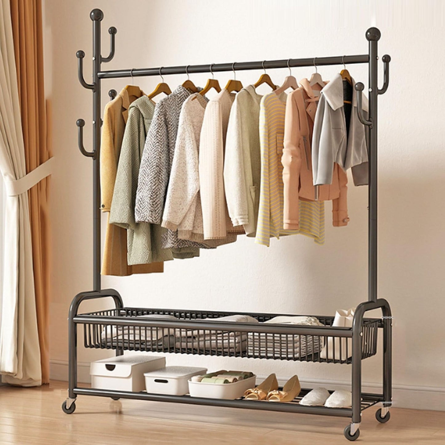 Duty Clothes Rack Load 260 LBS, Metal Garment Rack, Standing Rolling Clothing Rack for Hanging Clothes with Sturdy Wheels & Shelves, Portable Closet Wardrobe Rack