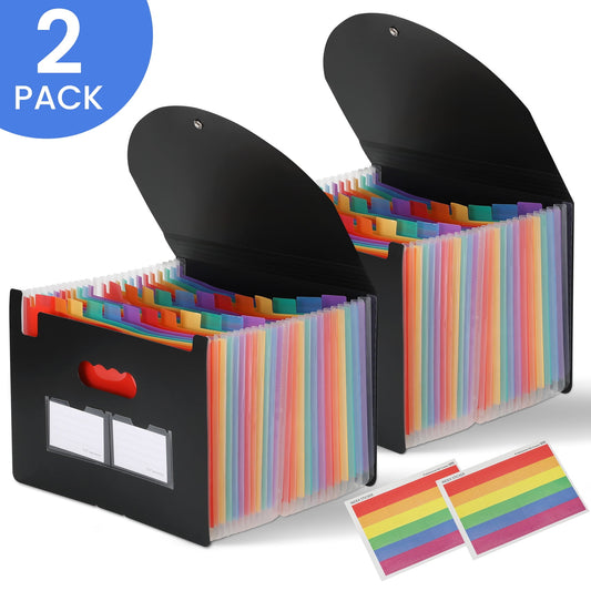 Kalageen 2 Pack Accordian File Organizer,25 Pocket Expanding File Folder with Cover,A4 Letter Size Portable Document Organizer with Colored Tabs
