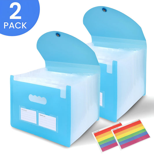 Kalageen Accordian File Folder（2 Pack）,25 Pocket Expanding File Organizer with Cover,A4 Letter Size Portable Document Organizer with Colored Tabs,Blue