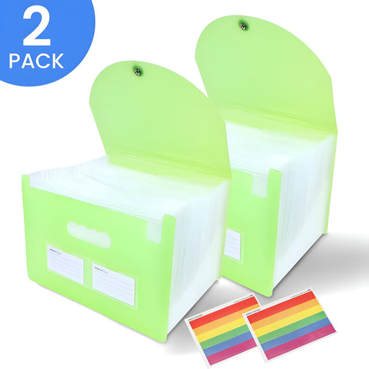 Kalageen Accordian File Folder（2 Pack）,25 Pocket Expanding File Organizer with Cover,A4 Letter Size Portable Document Organizer with Colored Tabs,Green