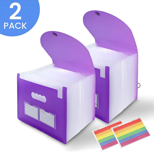 Kalageen Accordian File Folder（2 Pack）,25 Pocket Expanding File Organizer with Cover,A4 Letter Size Portable Document Organizer with Colored Tabs,Purple