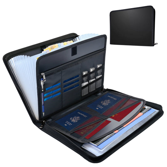 Kalageen Accordion File Organizer,Fireproof Document Organizer with Zipper & Labels,12 Pockets Expanding File Folder with Multi Pockets,Portable Home Travel Safe Storage for Letter A4 Files