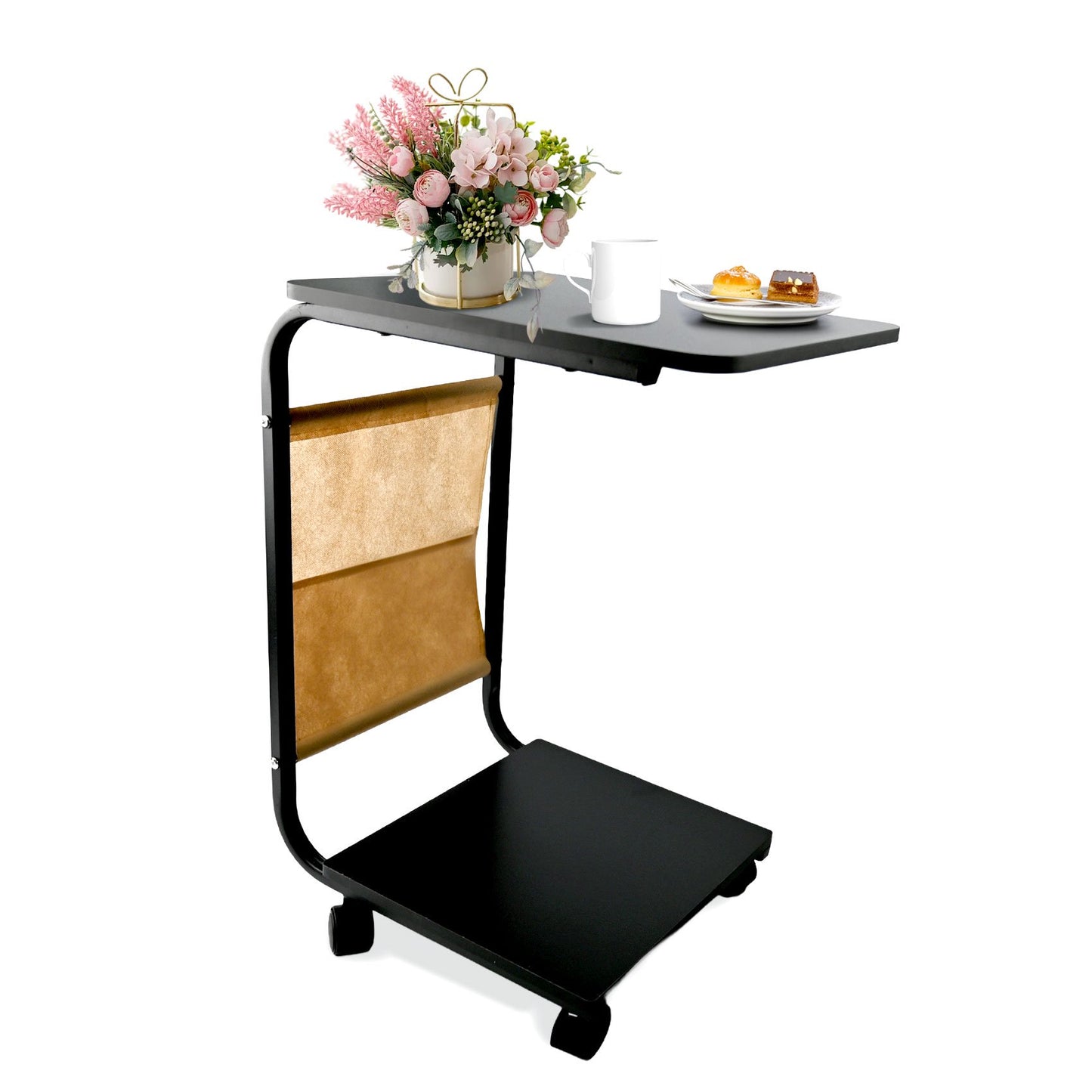 Kalageen C Shaped End Table,Small Couch Side Table with Storage Bag,24.41 inches High for Couch Slide Under,Black