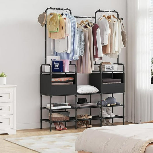 Kalageen Clothes Rack,3 Rails Portable Hanging Garment Rack with 6 Shelves and 2 Storage Pockets for Bedroom,Entryway,Living Room,Black