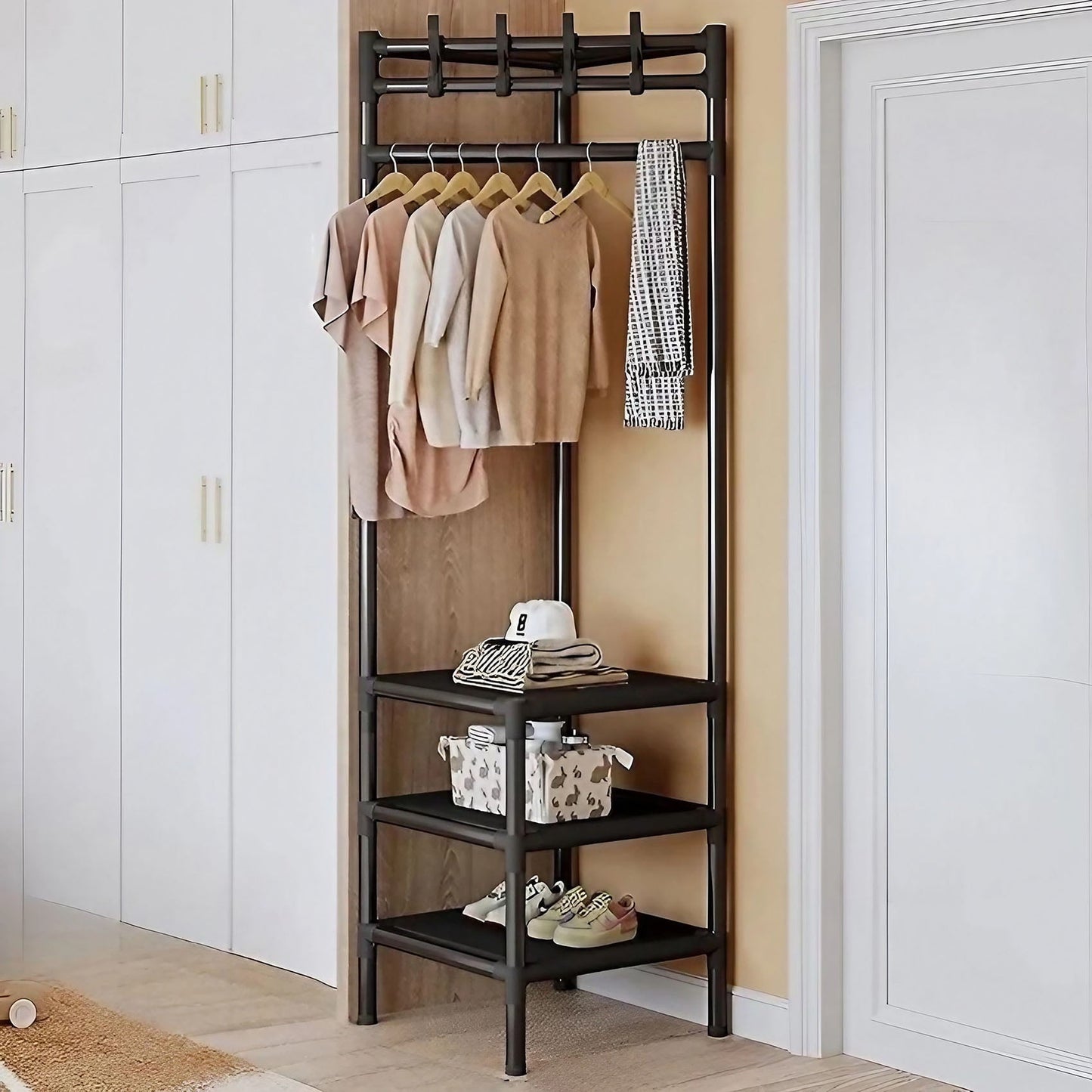 Kalageen Clothes Rack 3 Tier,Clothes Organizer with Hanging Rod,Portable Garment Laundry Coat Rack with 4 Hooks,Black