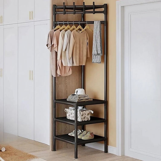 Kalageen Clothes Rack 3 Tier,Clothes Organizer with Hanging Rod,Portable Garment Laundry Coat Rack with 4 Hooks,Black