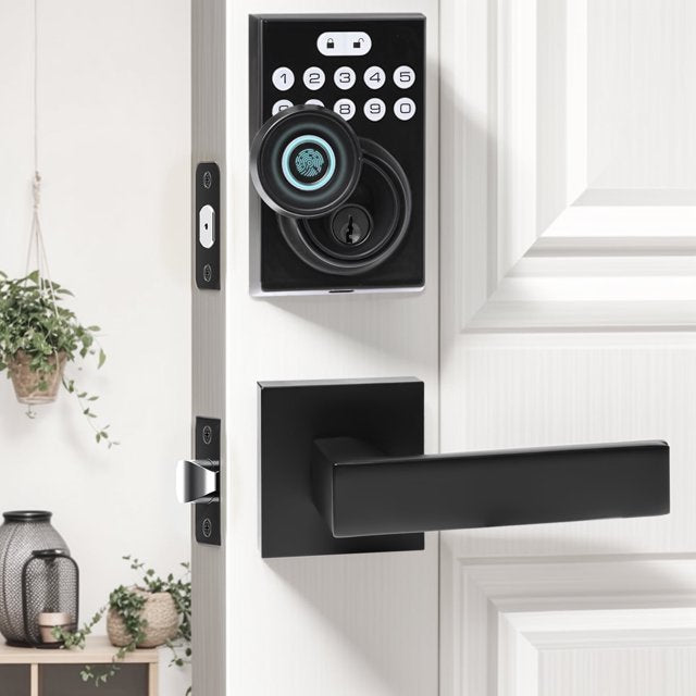 Kalageen Keyless Entry Door Lock Deadbolt with Handle Set,Fingerprint Digital Electronic Lock with APP Control,Perfect for Home,Apartment,Office and Garages,Black