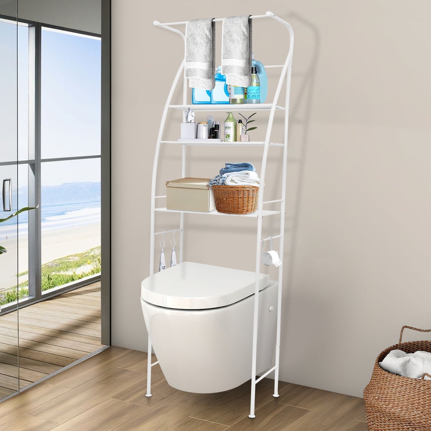 Kalageen Over The Toilet Storage Shelf,3-Tier Iron Bathroom Organizer Adjustable Saver Space Rack with Towels Hanging Rod,White