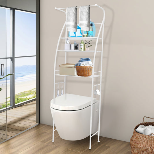 Kalageen Over The Toilet Storage Shelf,3-Tier Iron Bathroom Organizer Adjustable Saver Space Rack with Towels Hanging Rod,White