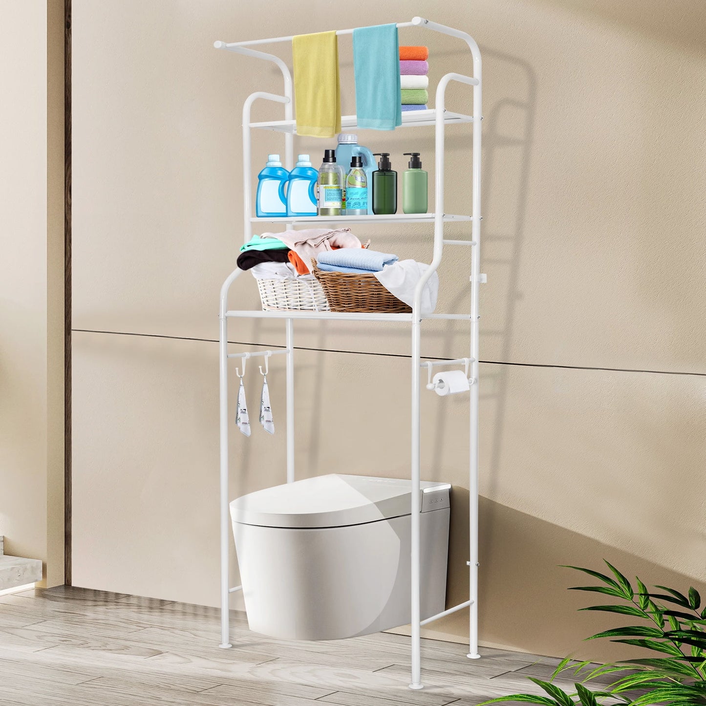 Kalageen Over the Toilet Storage,3-Tier Bathroom Shelves with Towels Hanging Rod,Metal Bathroom Corner Stand Storage Rack,White
