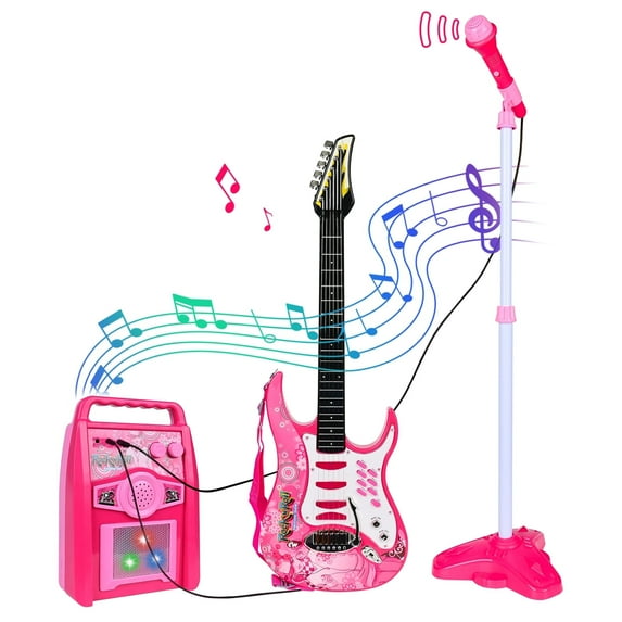 Vikua Kids Electric Guitar Toy with Microphone & Amp,Musical Guitar Set for Toddlers & Children,6 Demo Songs,Whammy Bar,AUX Input,Gift for Boys & Girls Ages 3-9 Years,Pink