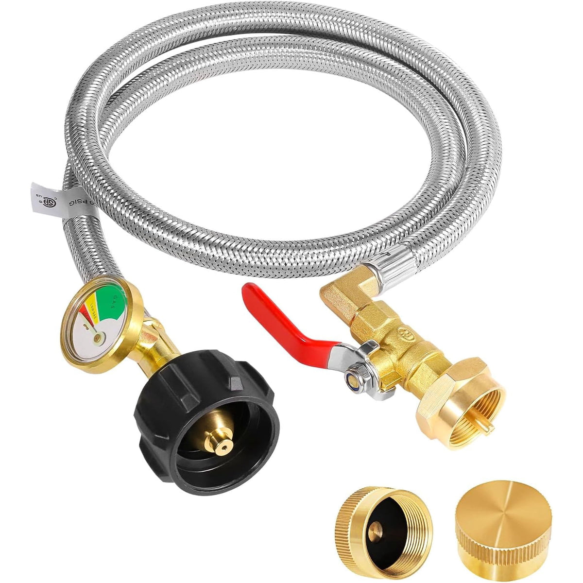 XWYXSTG Propane Refill Adapter Hose Kit, 3FT Propane Refill Hose for 1 lb. Tanks, Stainless Steel QCC1 Propane Tank Filler Adapter with Gauge and ON/Off Valve, for Filling 1lb Bottles from 20lb Tank