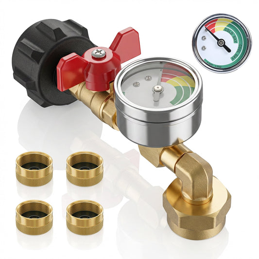Propane Refill Adapter with Gauge, Solid Brass QCC1 Refill Elbow for 1LB Small Tank to 5-40LB Cylinders, Camping & Grill Use