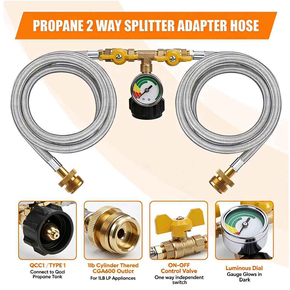 XWYXSTG Propane Hose Splitter, 5FT Stainless Braided 2 Way Y Adapter with Gauge, 1lb Appliance to QCC1 5-40lb Tank for Outdoor Cooking Camping
