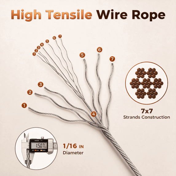 XWYXSTG Black Wire Rope, 1/16 100ft 304 Stainless Steel Overmolded to 3/32 inch with Crimping Sleeves for String Light Hanging, Clotheslines and Trellises