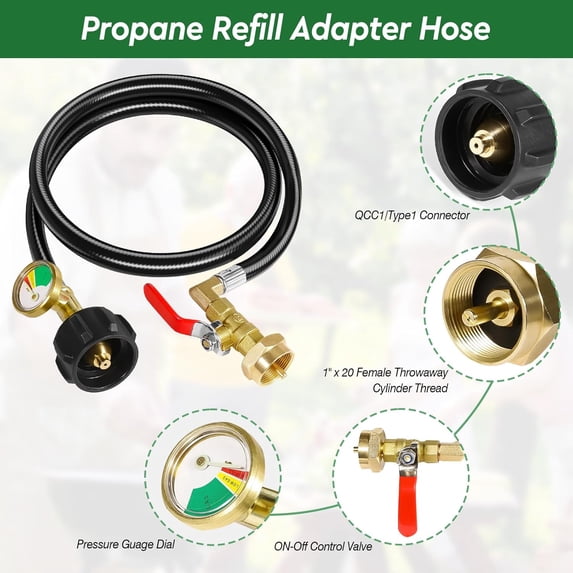 XWYXSTG Propane Refill Adapter Kit for 1 lb Tanks, 3FT Hose with QCC1, Gauge and On/Off Valve, Heavy-Duty Brass for Filling 1lb Bottles from 20lb Tank