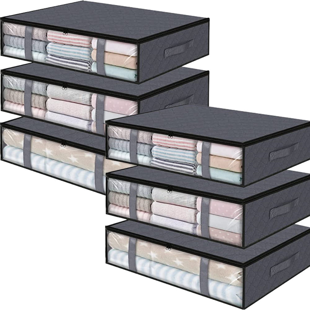 6 Pack Under Bed Storage Bags with Reinforced Handles,45L Visible Underbed Storage,Breathable Non-woven Closet Storage for Blanket